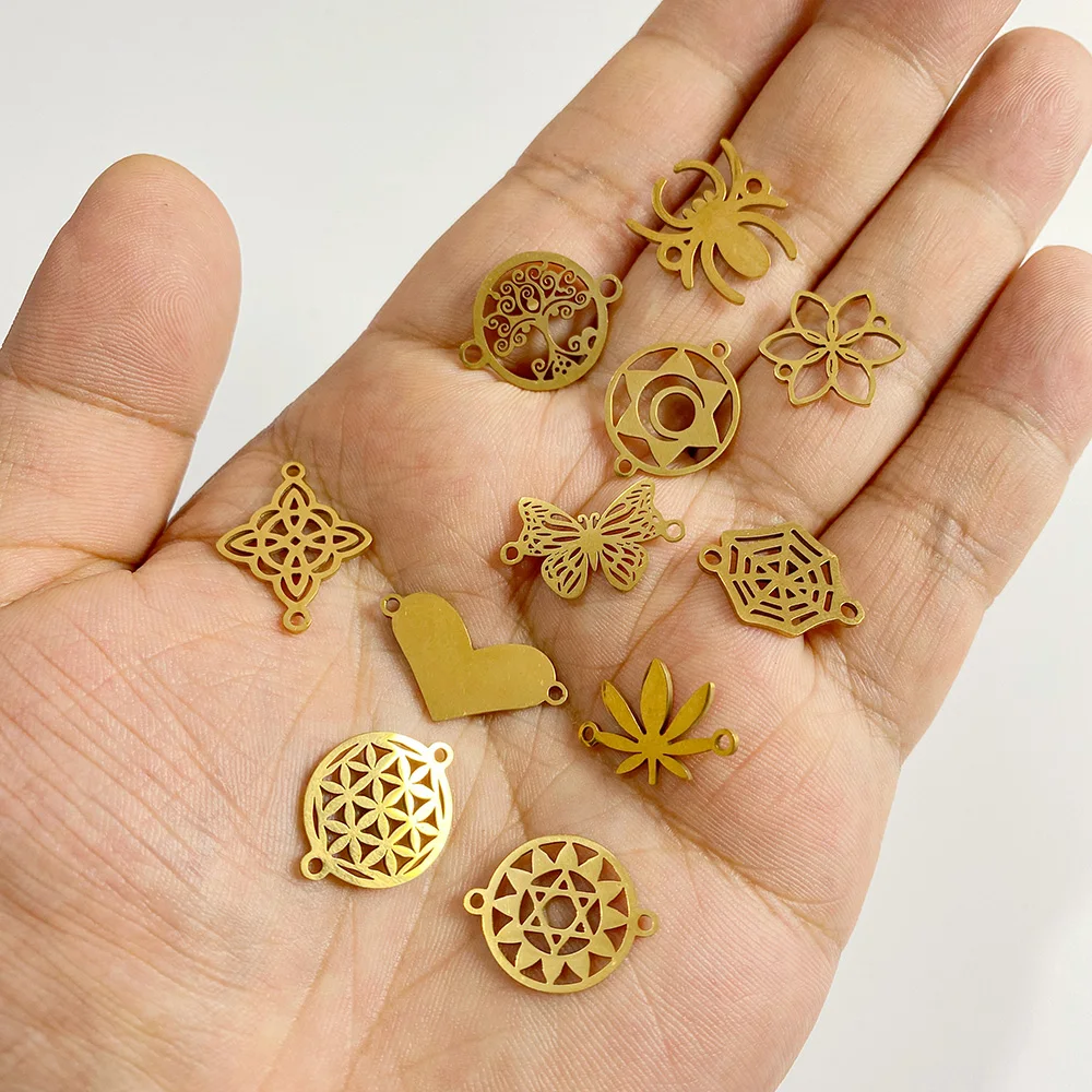 10 Stück/Set Edelstahl-Anhänger mit Geätzten Spinnennetzen, Blumen und Herzen, DIY-Charm-Verbinder für Halsketten und Schmuckherstellung