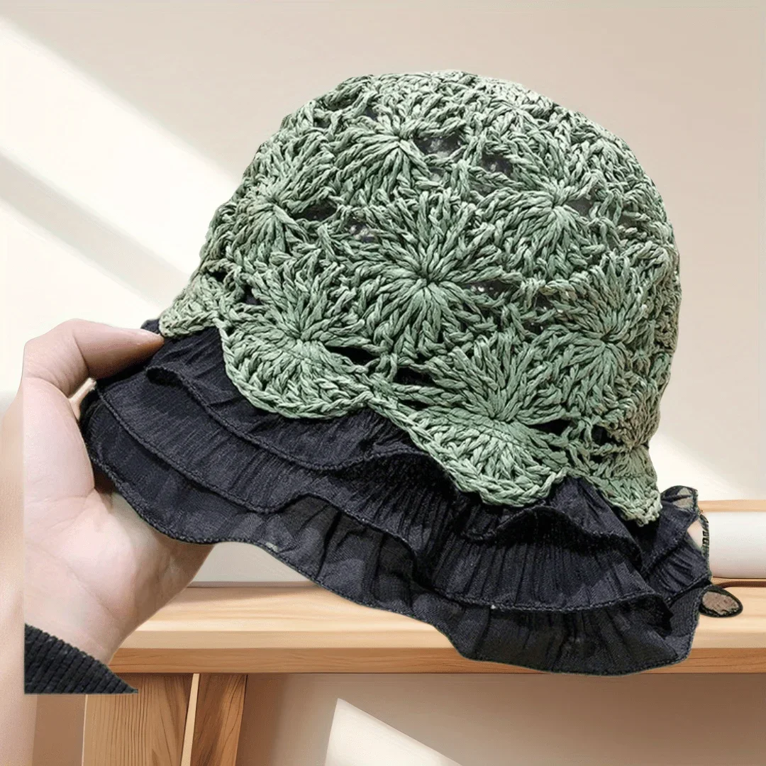 

Fashion Straw Hat with Lace Edge Hollow Breathable Design Sun Protection for Women Beach Vacation Outdoor Headwear