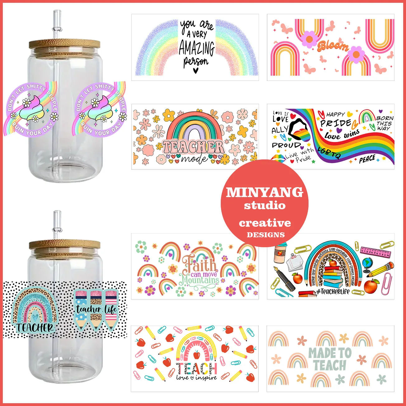 Rainbow stickers peel waterproof DIY Decals 3D transfers uvdtf crystal stickers 16oz uv dtf cup wraps for Libbey Glasses