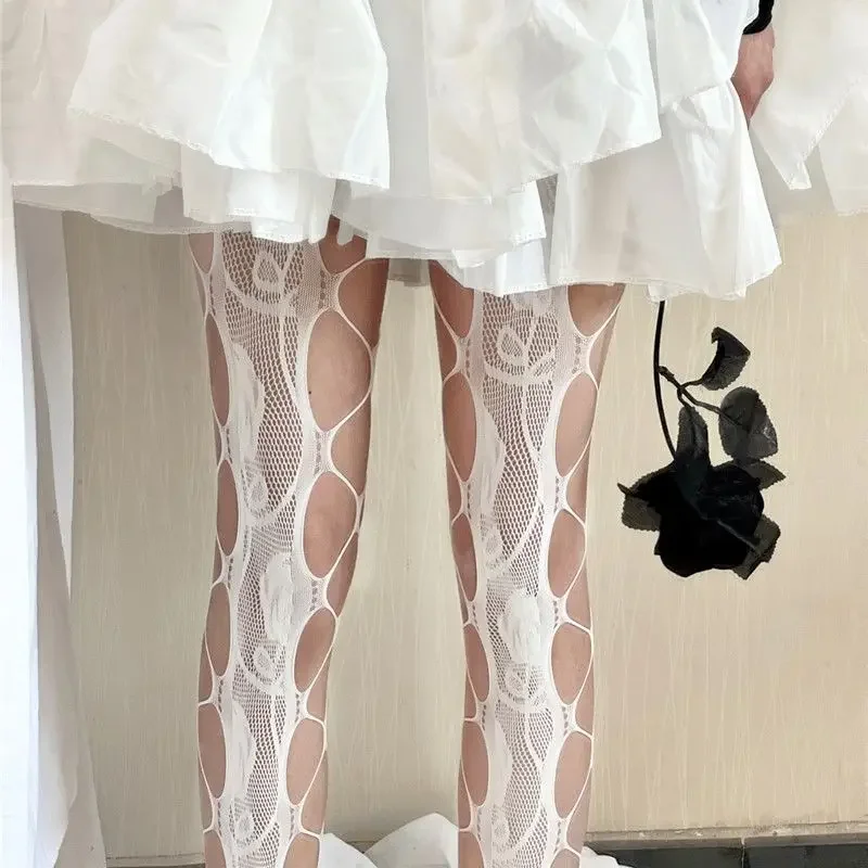 Lolita Girls Sweet Cool Double Side Hollow Out Sexy Rose Fishnet Stockings JK White Mesh Tights Millennial Hole Broken Pantyhose