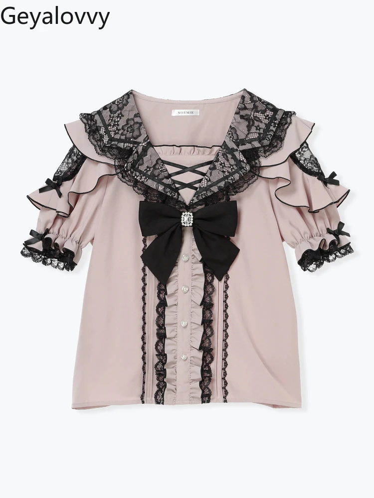 일본 여름 로리타 새로운 광산 다목적 레이스 보우 귀여운 소녀 탑 스위트 네이비 칼라 반팔 셔츠 Camisa Feminina