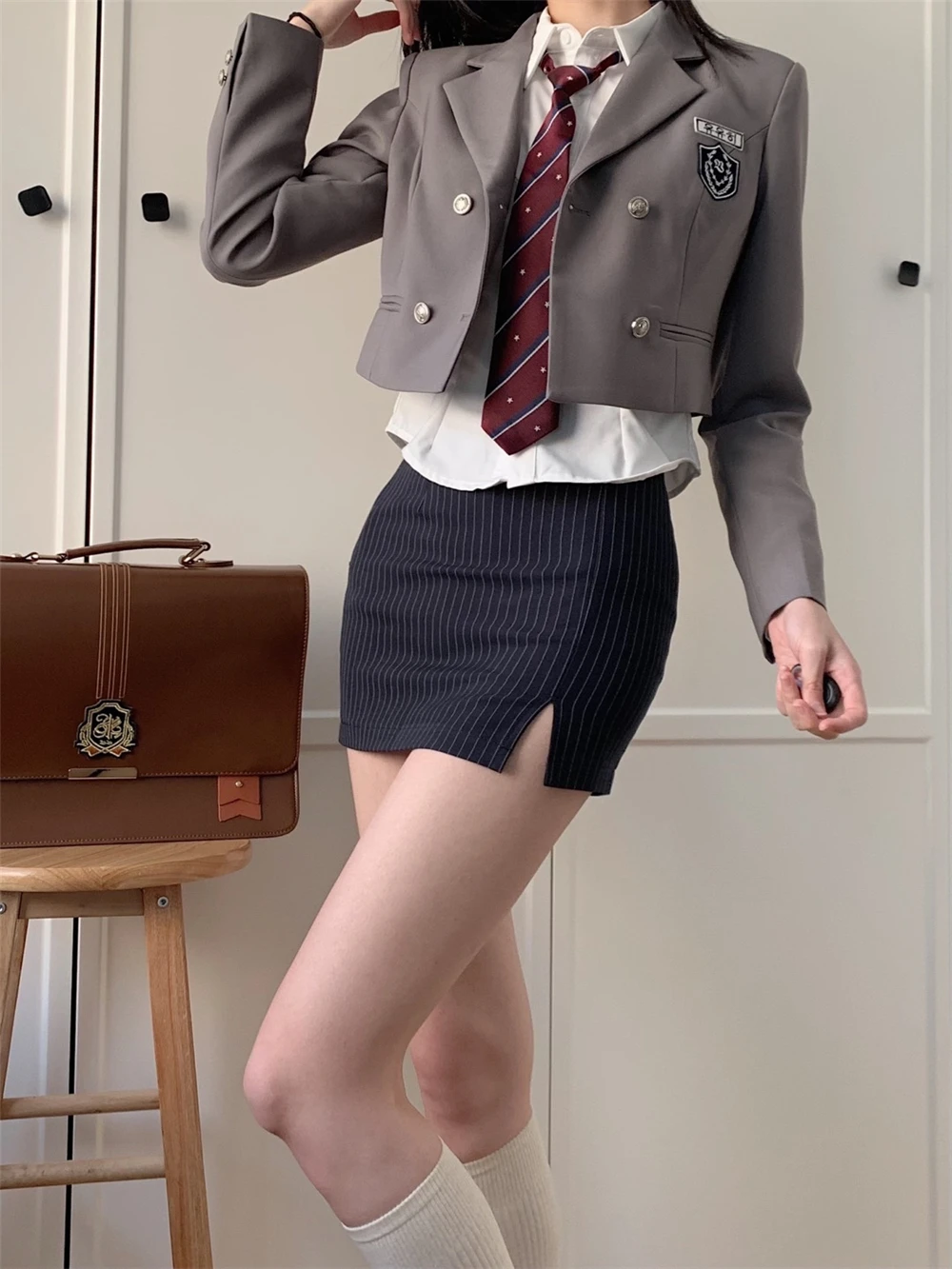 American Sugar Spicy Girls JK Uniform Suit Sexy Slim Women Preppy College Style Summer Suit Grey Coat + Shirt +Tie + Hip Skirt