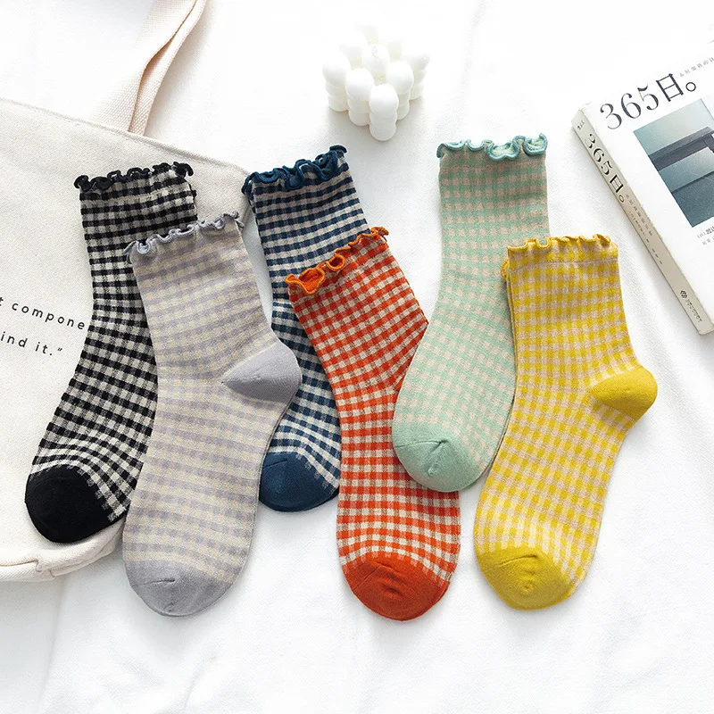 Korean Retro Plaid Lace Mid-tube Socks Girl Fungus Edge Color Lolita Cotton Socks Cute Socks Socks Woman