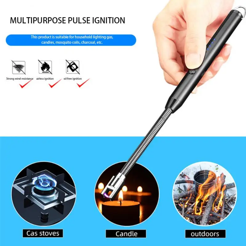 360° Type-C Curved Windproof Flameless Plasma Ignition Barbecue Lighter USB Long Kitchen Lighter Candle Gas Stove Gas Lighter