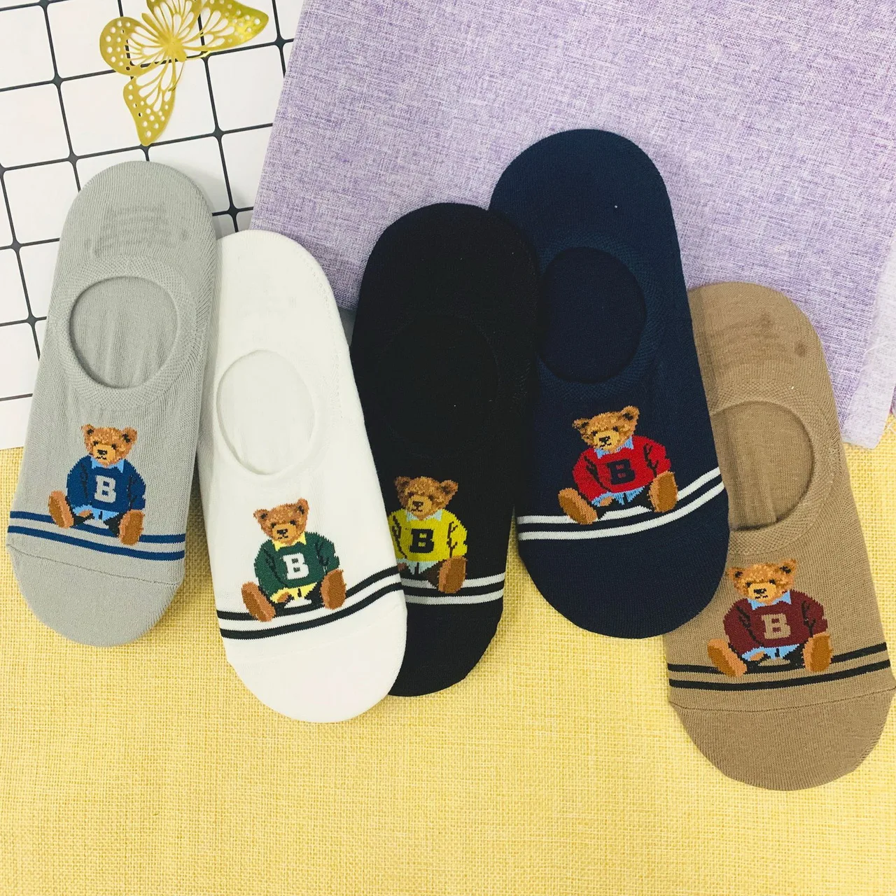 Summer Women Cotton Socks Cute Bear Ankle Boat Socks Non-slip Silicone Invisible Casual Lady Girl Spring and Summer Short Socks