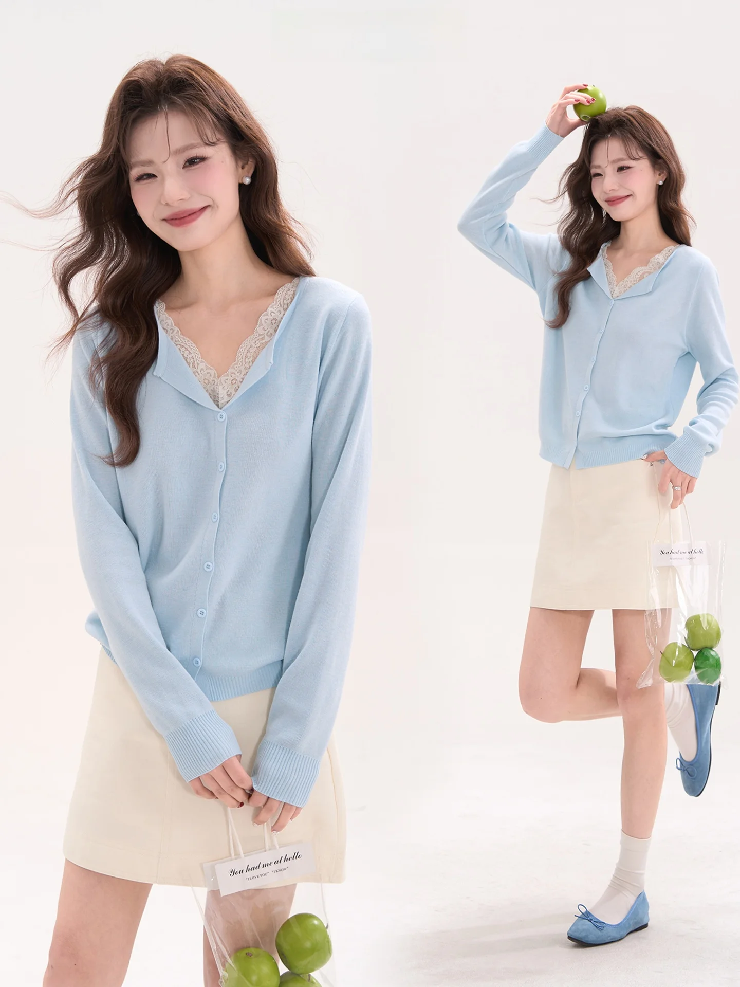 

Нежный мягкий длинный вязаный свитер с кружевом для женщин, весенний модный кардиган А-силуэта из смесовой шерсти, полиэстера и нейлона, серия Gentle Whispers