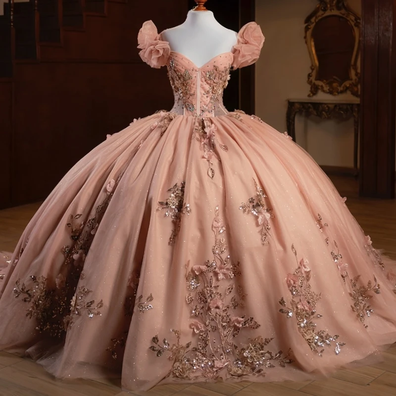 

Розовые блестящие платья Quinceanera с открытыми плечами и аппликацией из цветов и бусин, тюлевое платье для вечеринки, дня рождения, сладкое платье 16, Vestidos 15 Anos