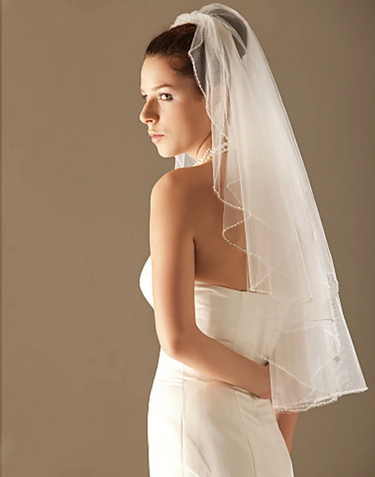 Real Image  Romantic  In Stock Simple Line Edge Pearls  2T Lvory White Elbow  Wedding Veil  Bridal Veils  With  Comb