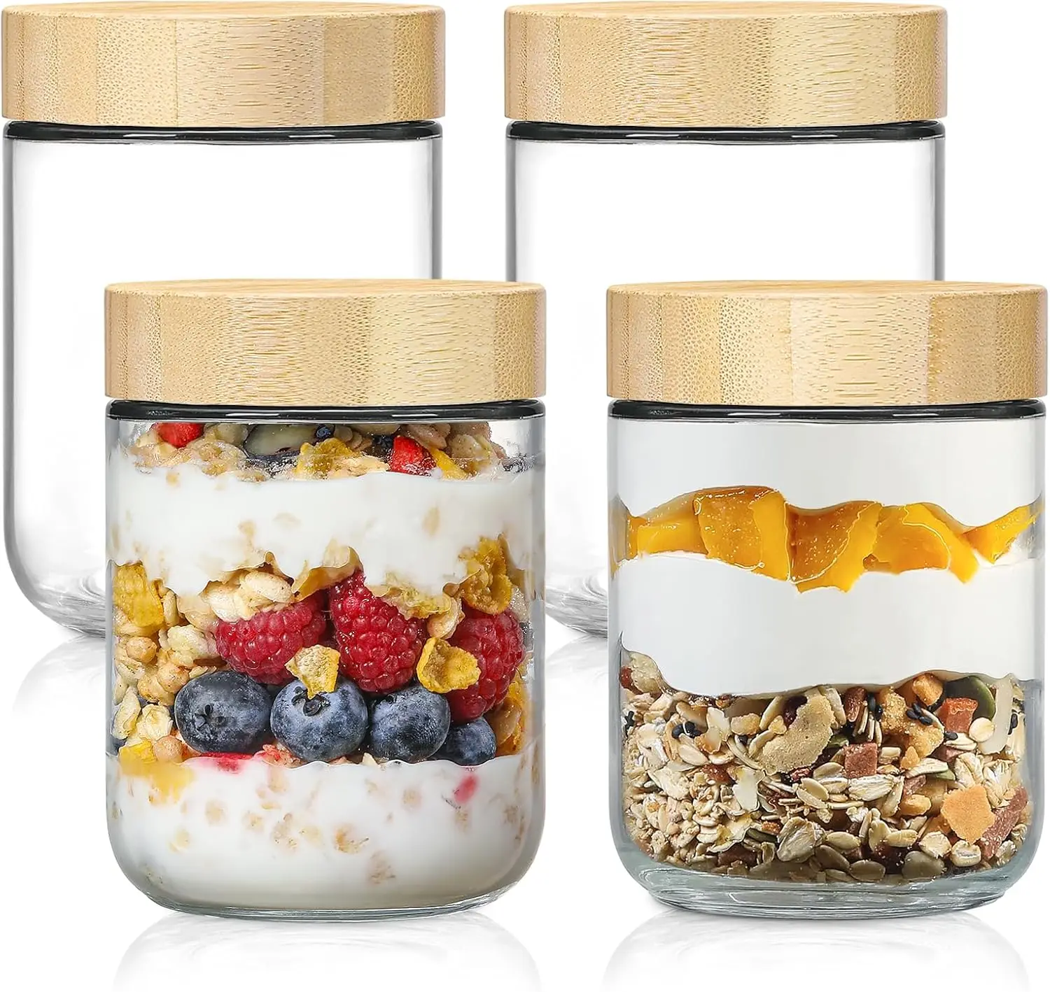

4-pack 16oz Glass jars with Airtight Lids, Overnight Oats Containers with Bamboo Lids, Wide mouth Mason Salad jars, Glass Food S