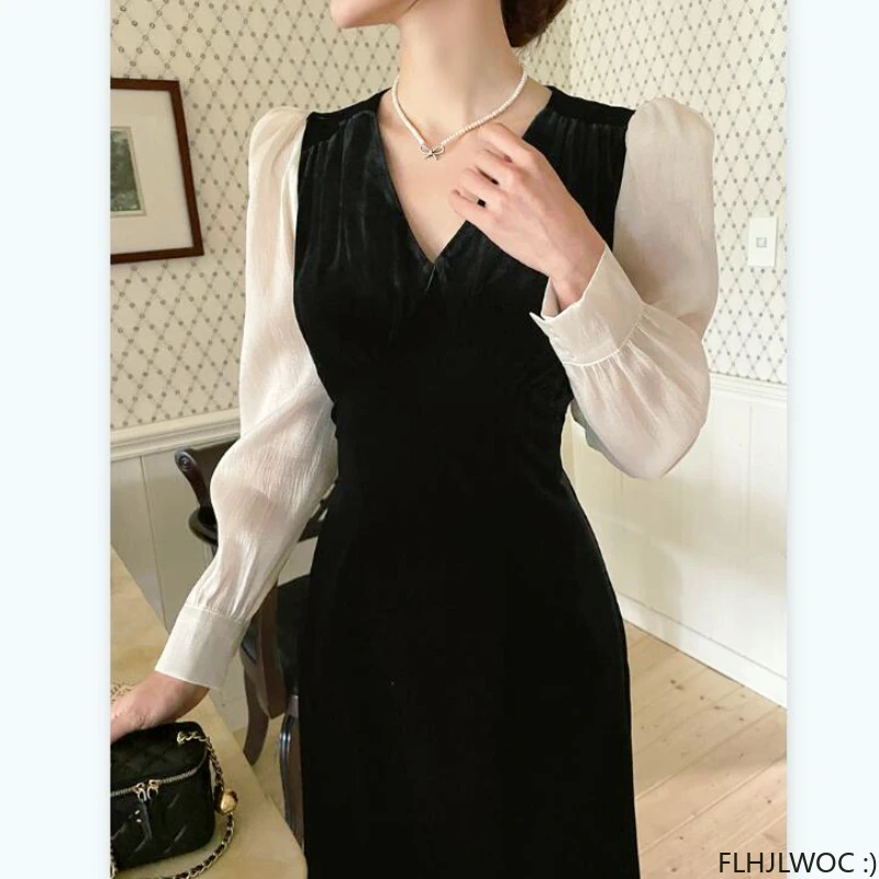 Korean Chic Long Dress 2024 Spring Elegant Office Lady V Neck Elegant Temperament Patchwork Black Retro Vintage Women Dress