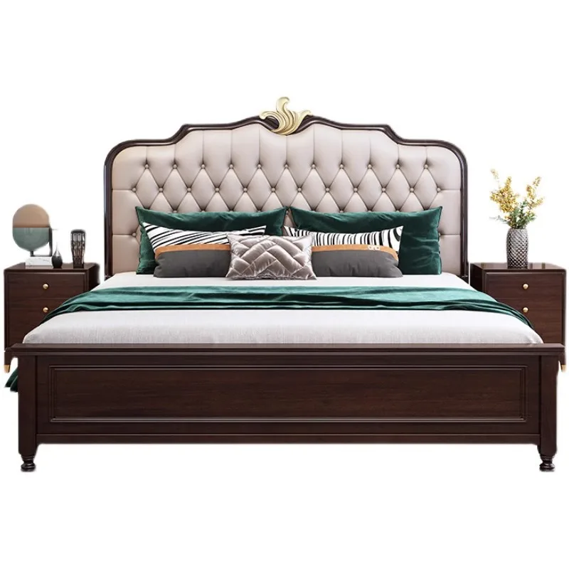 

American cherry wood solid wood bed, bedroom double bed, leather soft bag soft rest, light luxury storage modern bed