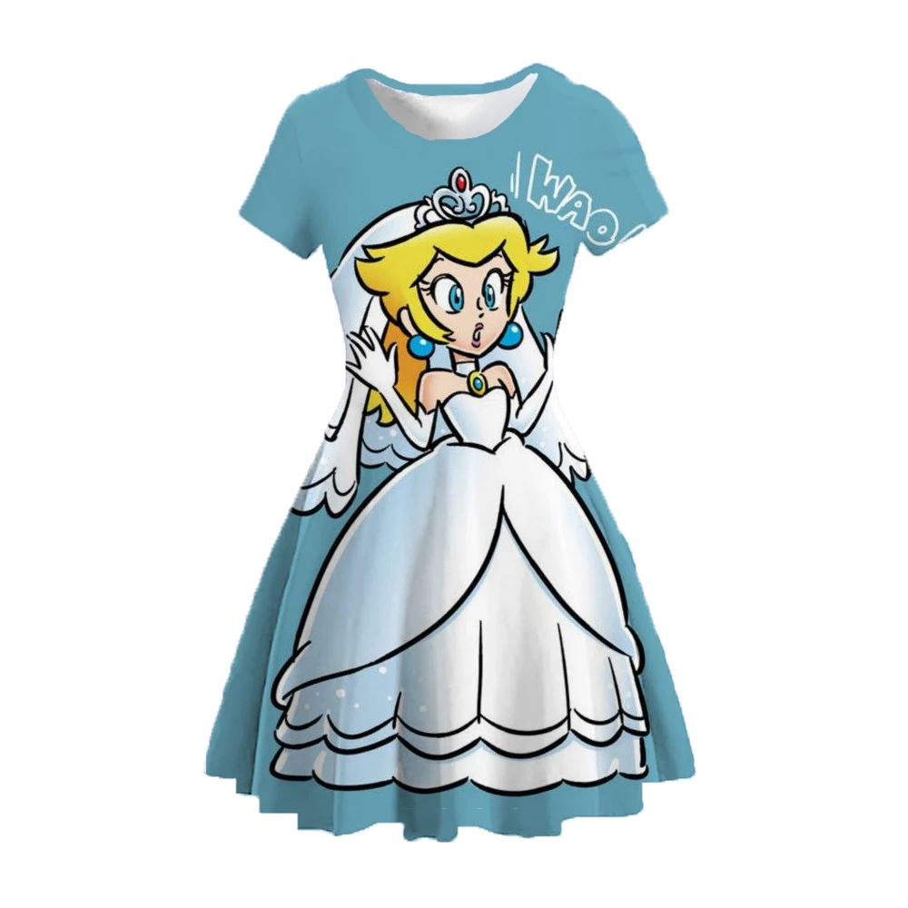 New summer Peach Princess print abbigliamento per bambini cartoon abito a maniche corte bambina casual vestito da principessa traspirante