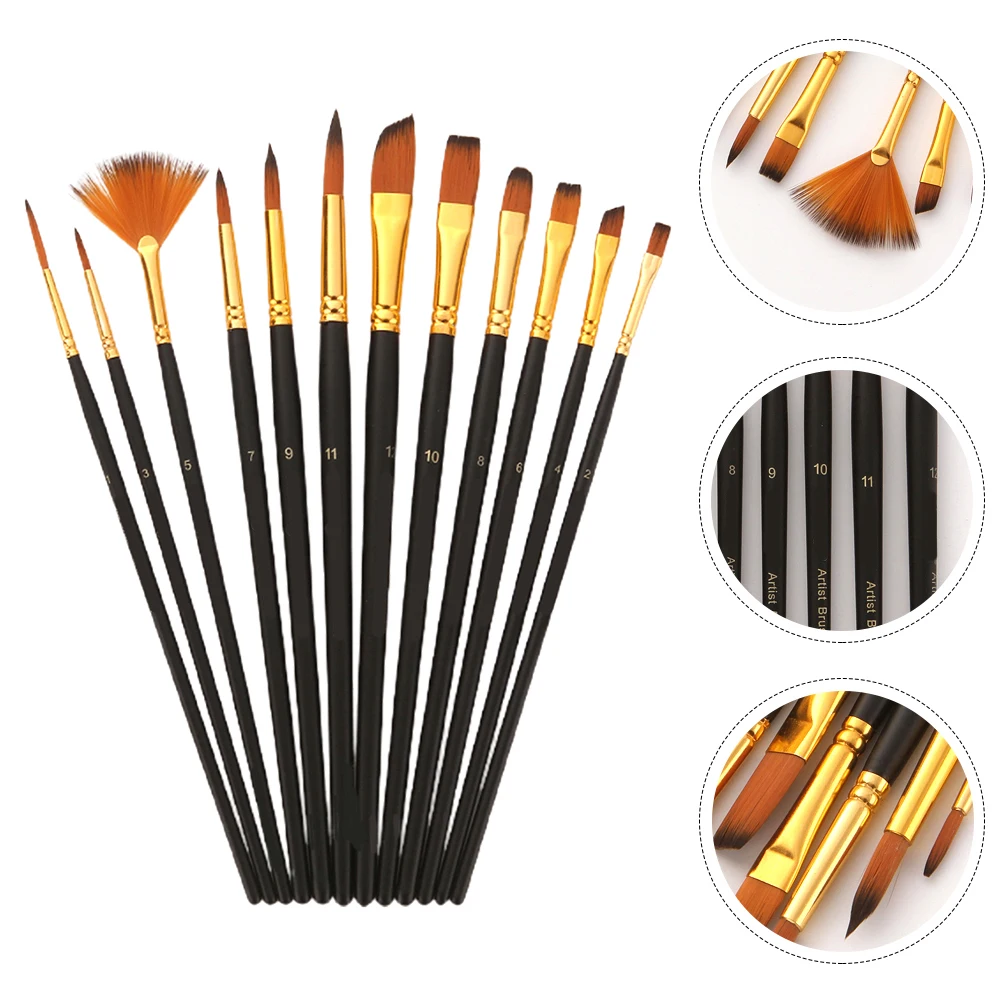 

12 Pcs Art Brush Set Paint Brushes Detail Wooden Handle Artist Copper Pipe Child