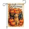 Fall Garden Flag Golden Retriever Welcome 12x18 Inch Double Sided Pumpkin Harvest Yard Flag, Autumn Farmhouse Outdoor Porch  llz