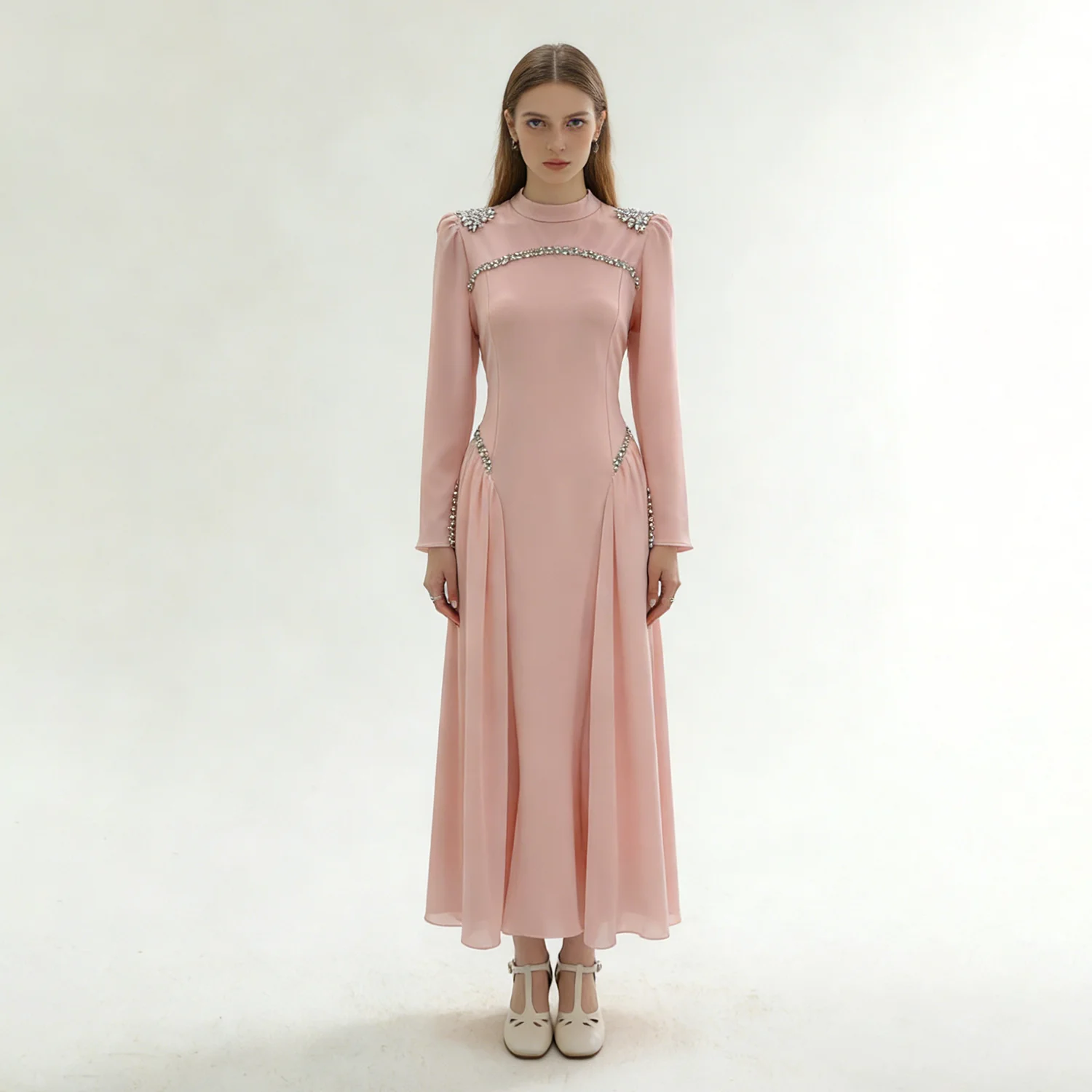 

NOVA женское длинное сетчатое платье 2026 новое платье с высоким воротом и длинным рукавом со стразами, элегантное вечернее женское модное платье