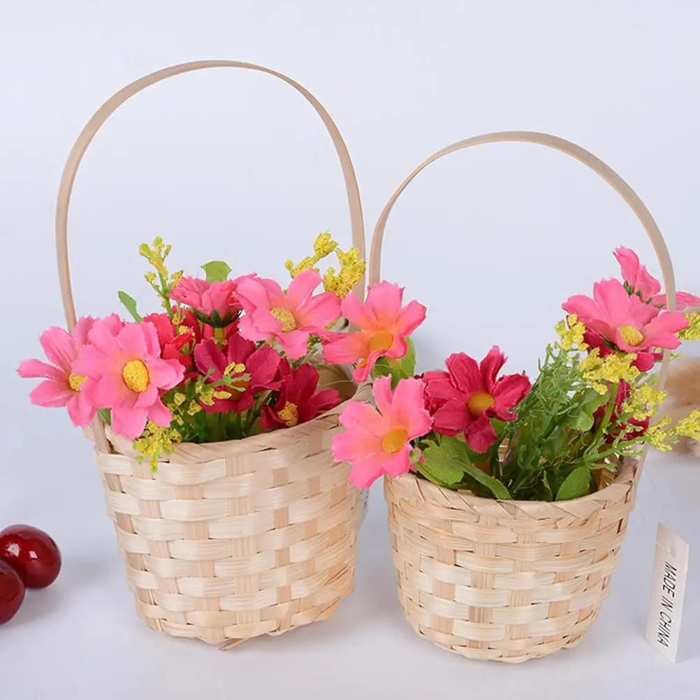 5 Pcs Basket Handmade Rustic Decorative Flower Container Storage Tote Fruit Flower Picnic Reusable Bamboo Container