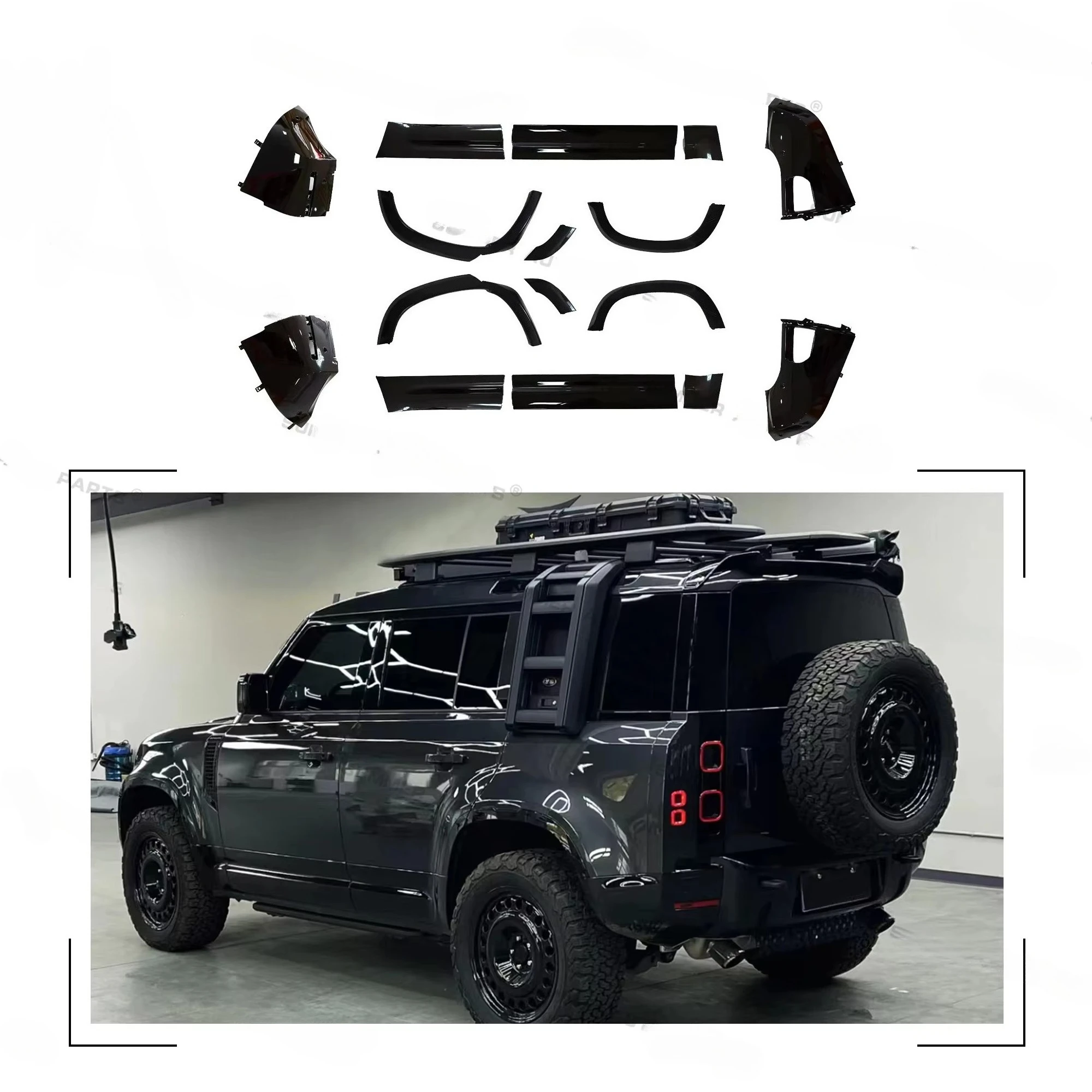 

Car Exterior Body Kits Upgrade Gloss Black Car Fender Flares Side Skirt Wheel Arches Kit for New Defender 110