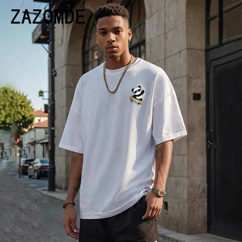 Футболка мужская оверсайз с принтом панды, из хлопка, с коротким рукавом