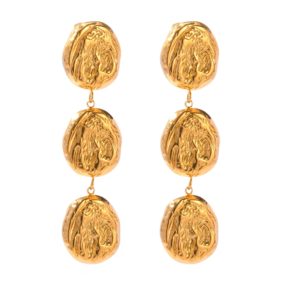 Uworld Stainless Steel Lava Pattern Round Three-Layer Pendant Earrings Textured Party Jewelry for Women Exquisite Gifts