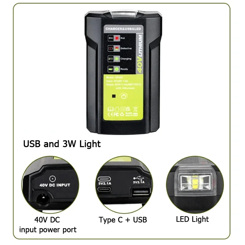 NEW USB Phone Battery Charger Adapter for RYOBI 40V Battery with LED Work Light and USB Port +TYPE-C Port (Not include battery)