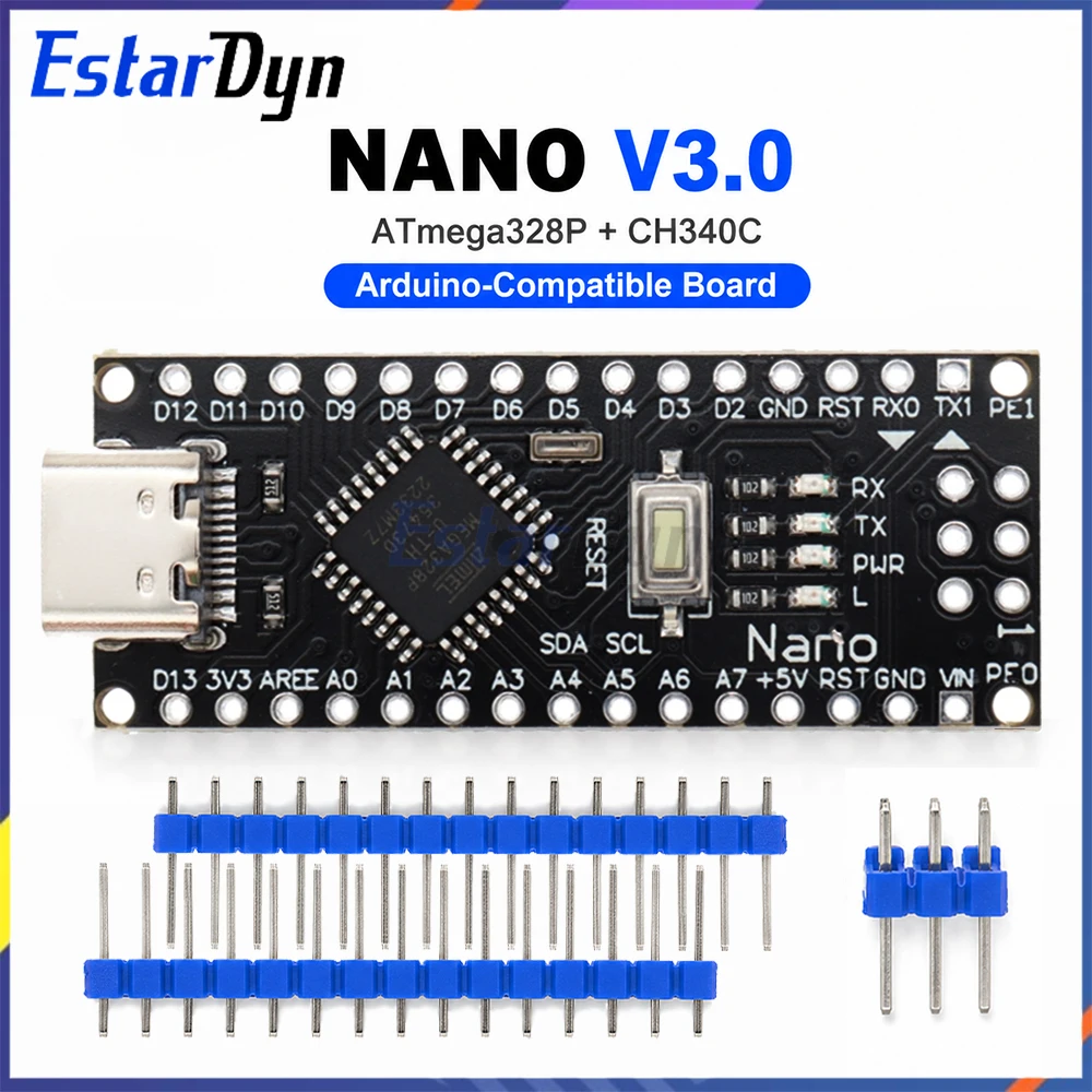 Estardyn Black Nano V3.0 ATmega328P Microcontroller Board Type-C USB CH340 Driver Old Bootloader 5V 16MHz DIY Project