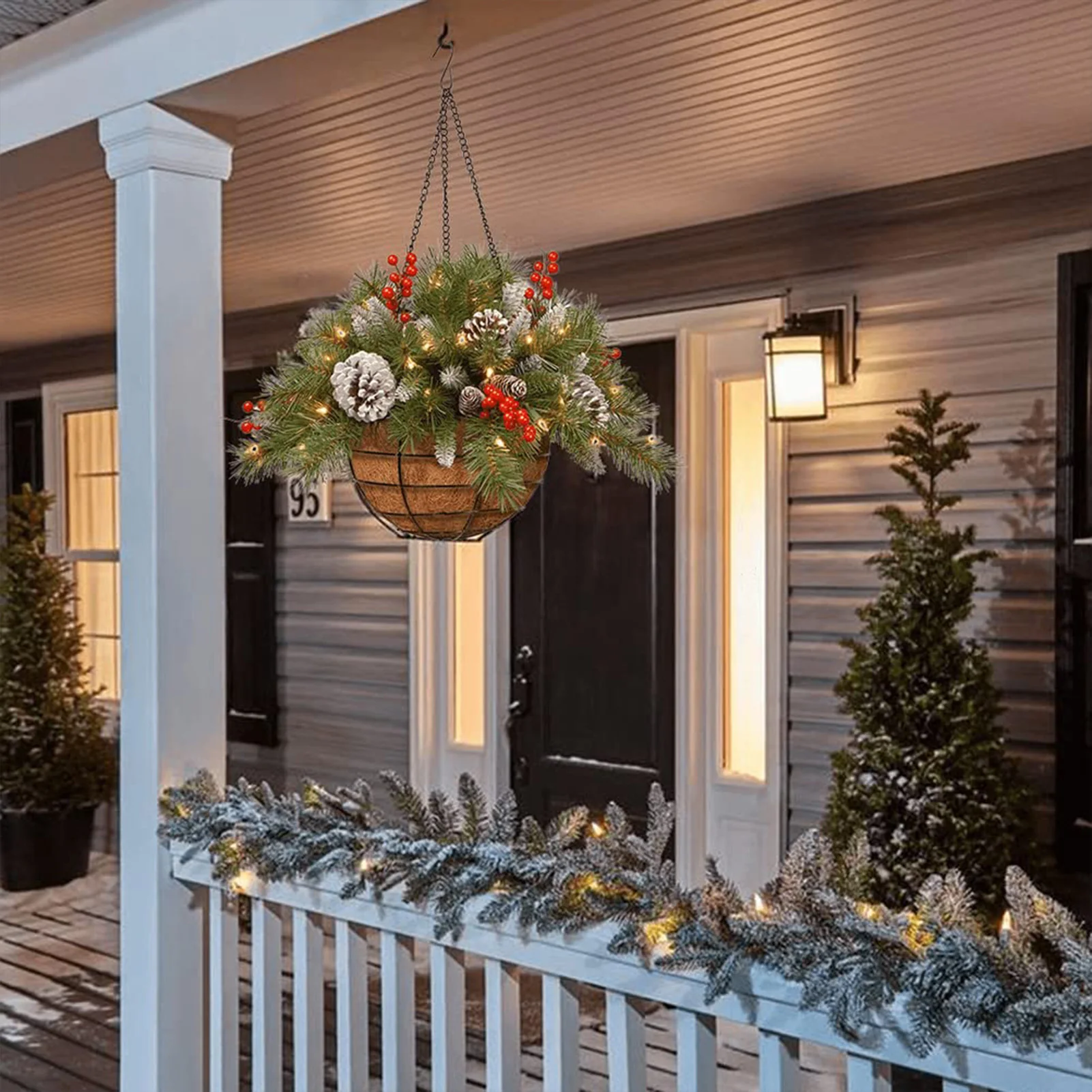 Artificial Flower Hanging Basket with Frosted Pine Cones &  Clusters Basket for Christmas Tree Front Door