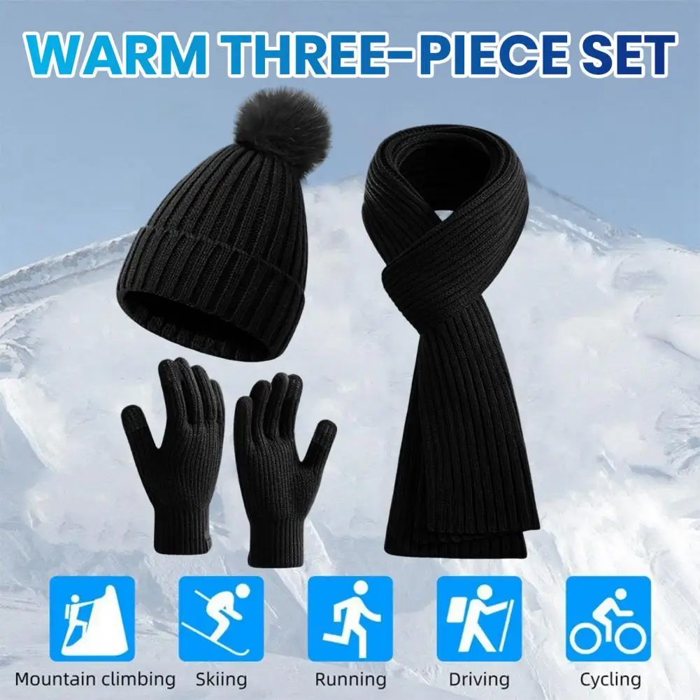 Winter Hat Scarf Gloves Set Unisex Knitted Warm Plush Ball Decor Outdoor Fleece Lined Full Beanie Set