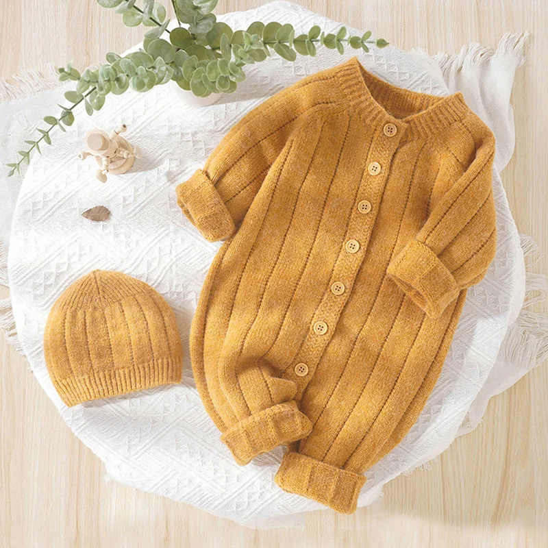 Autumn Winter Baby Rompers Hats Set Solid Color Knitted Jumpsuit Soft Boneless Bodysuit Boys Girls Crawling Suit Infant Clothes