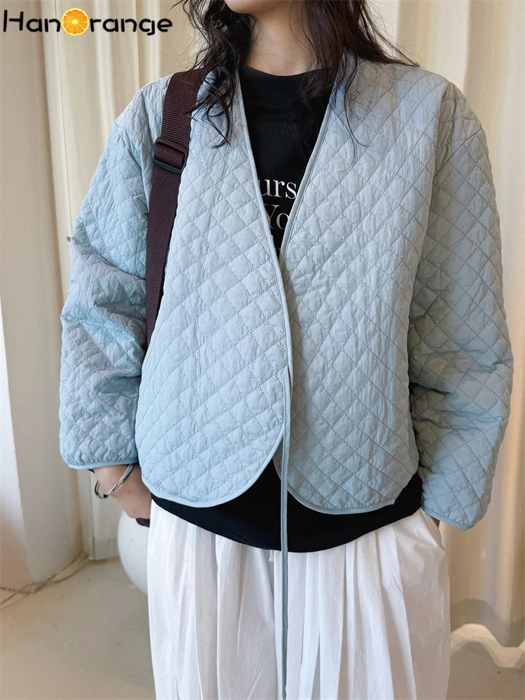 HanOrange 2026 Early Spring Simple V-neck Argyle Cotton-padded Jacket Stitching Loose Fitting Women Parkas Apricot/Light Blue