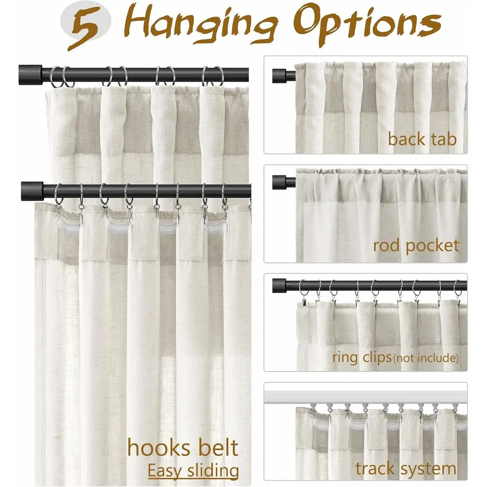 Cortinas transparentes de lino beige con filtrado de luz, 96 de largo, estilo bohemio neutro, juego de 2 paneles para decoración del hogar