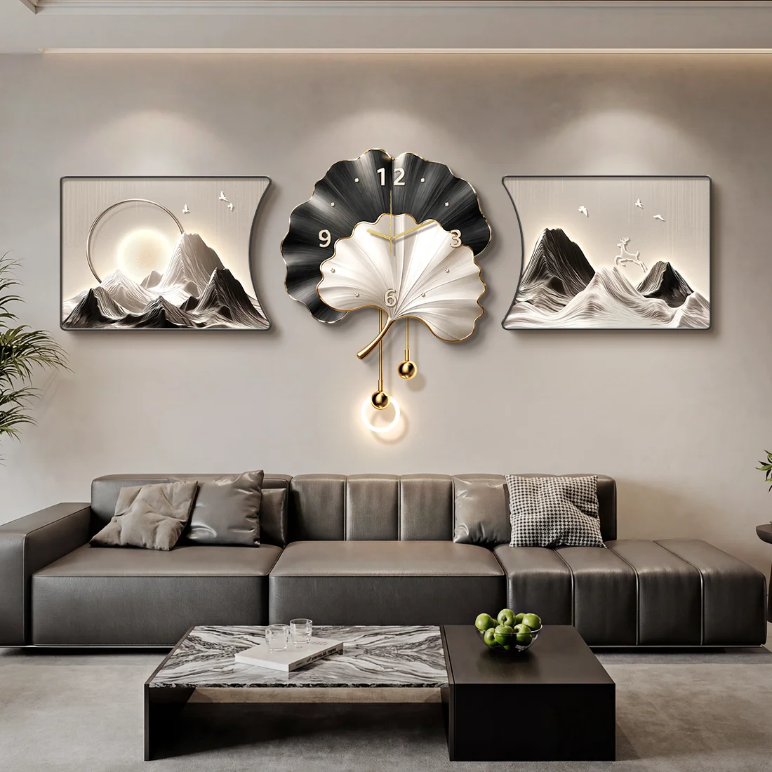 Backed by a Mountain, Living Room Decor, Luxury and Elegance, Sofa Accent Wall Art, Ginkgo Clock with Light Combo Painting
