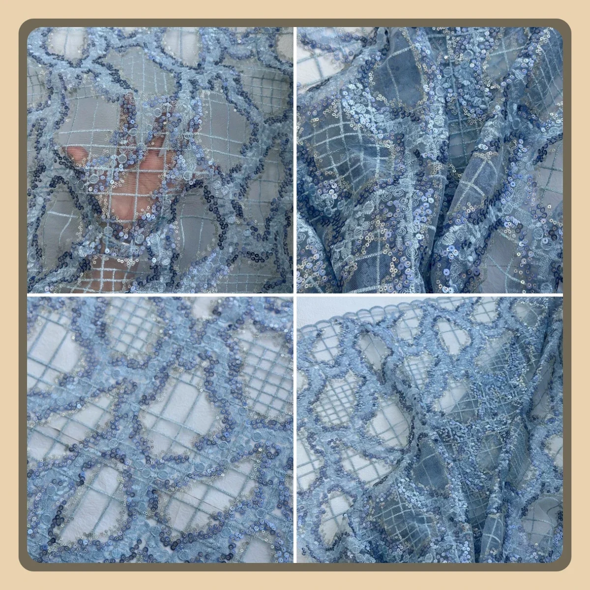 Tela de encaje de red bordada abstracta con lentejuelas azules, Material transparente tridimensional para conjunto de vestidos, artesanía de ropa hecha a mano DIY