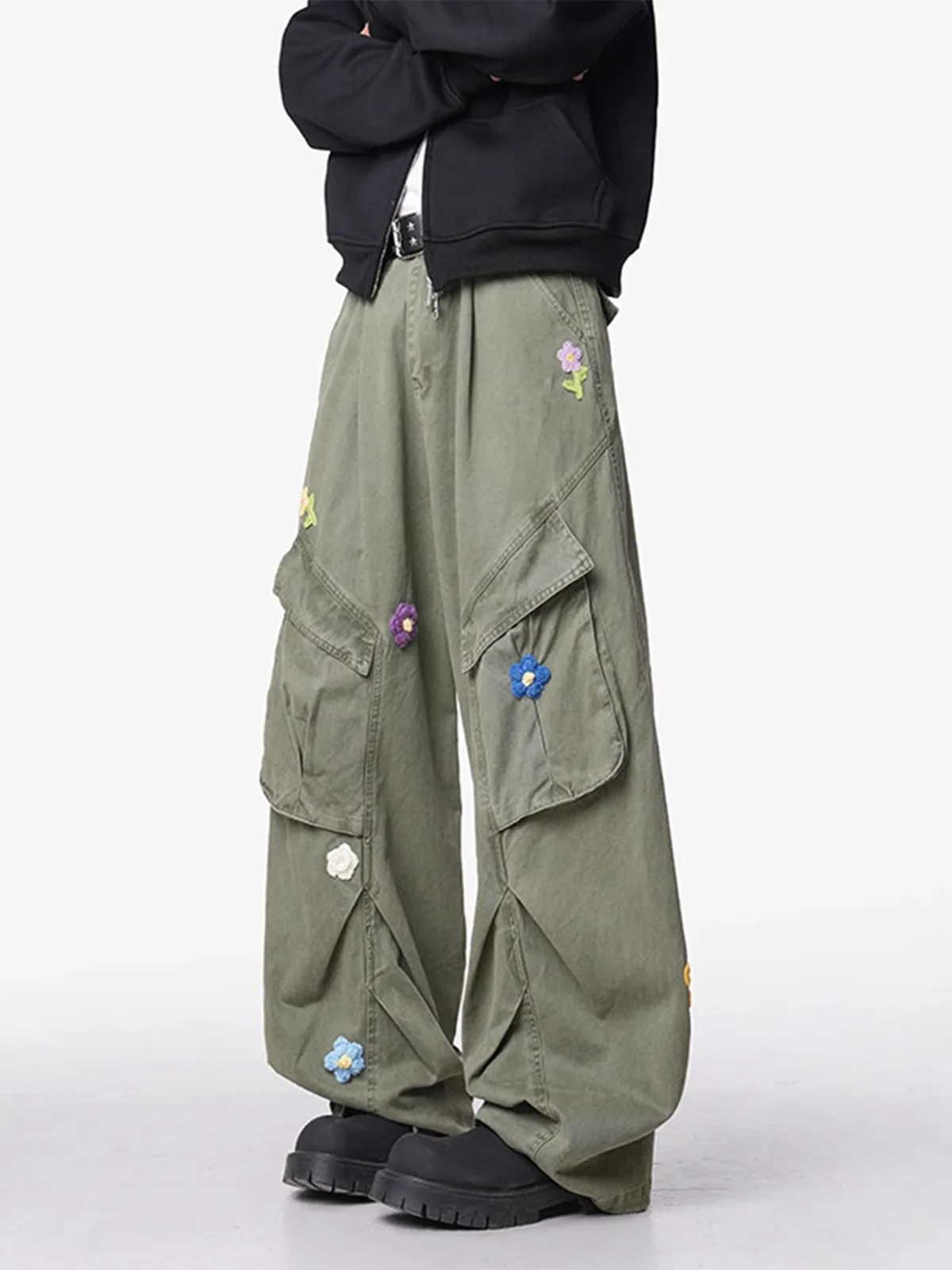 

American Retro Work Pants Multiple kets Embroidery Paratrooper Wide Leg Straight Casual Trousers for Men And Women