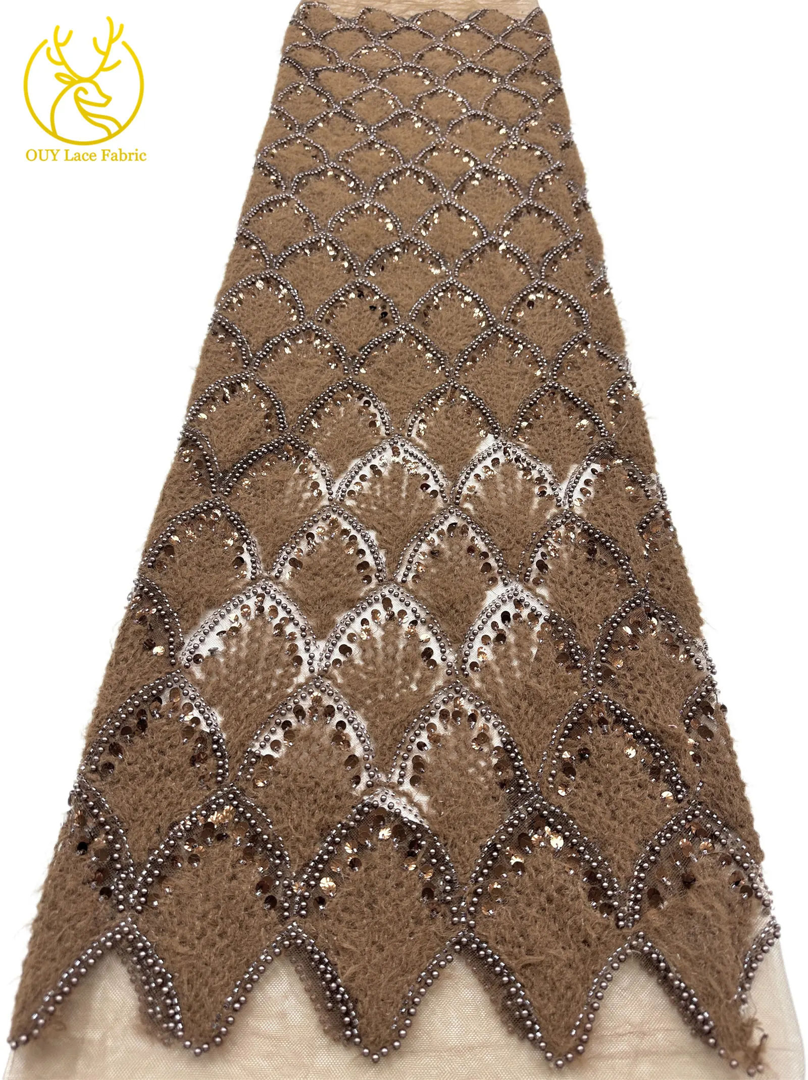 Hochwertiger 3D Nigerianischer Pailletten-Tüll-Spitzenstoff, 5 Yards, afrikanischer handgefertigter Perlen-Spitzenstoff für Damen-Partykleider zum Nähen – Detail 24