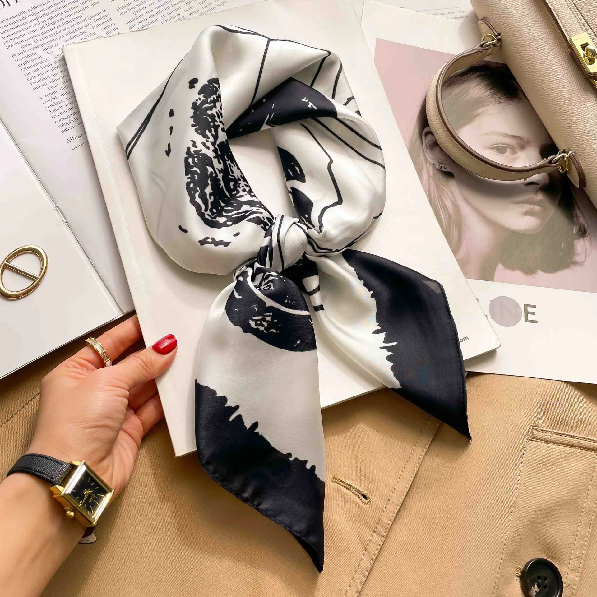 70cm Seiden-Quadrattuch für Damen, Luxuriöses Blumenmuster-Kerchief, Weiches Satin-Haarband, Handtaschenband, Foulard, Hijab, Halstuch, Stirnband – Detail 5
