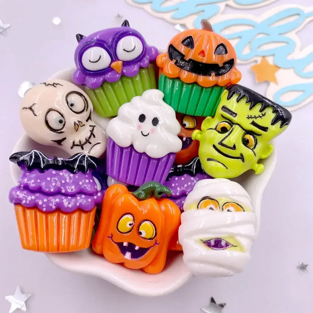 8Pcs Resin Cute Colorful 3D Ghosts Bat Cake Pumpkin Owl Skull Head Figurines Flatback Stone Decor DIY Halloween Scrapbook Crafts