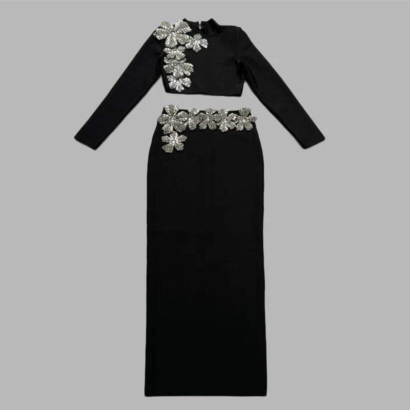 YFPF Elegant Solid Women 2 Piece Set Diamond Spliced Design Short Tops High Waist Long Skirt Luxury Evening Party Clothing