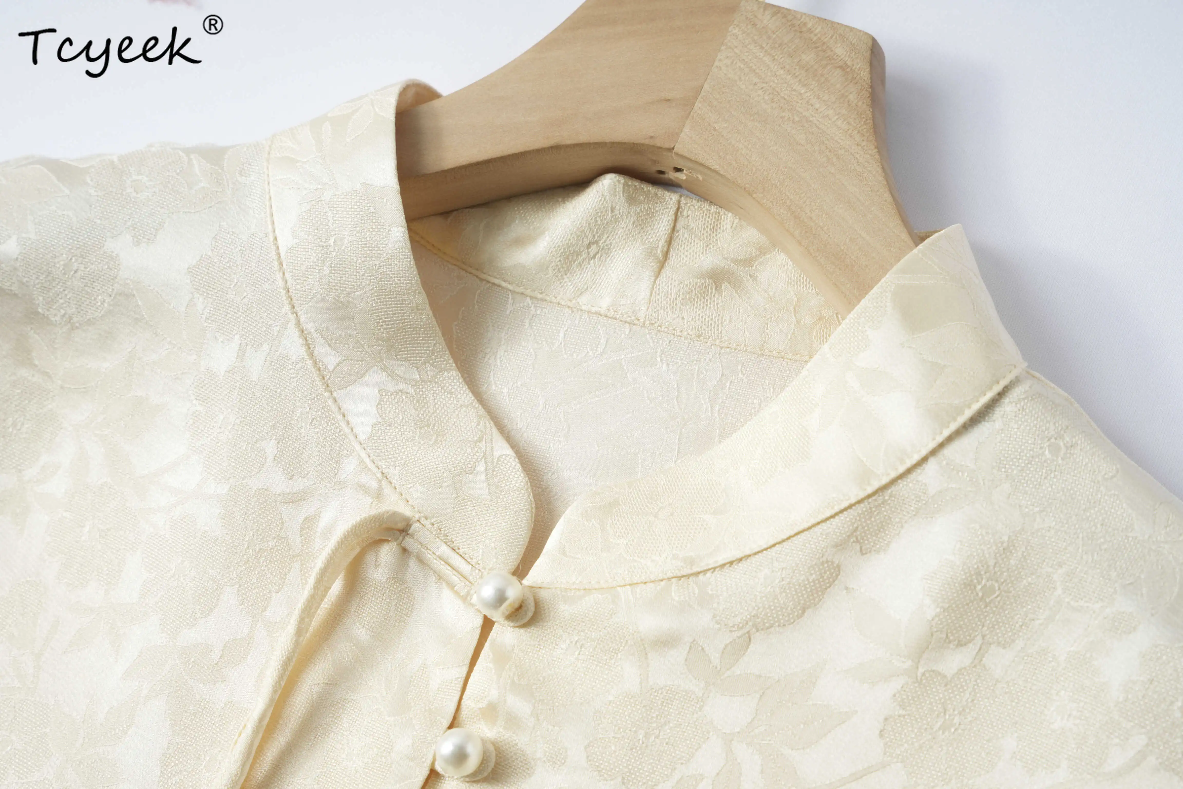 Tcyeek Camicie da donna con maniche a sette quarti in vera seta di gelso al 100% stile Guofeng estivo con colletto Su Li Ж Dön hei Одеж Б 