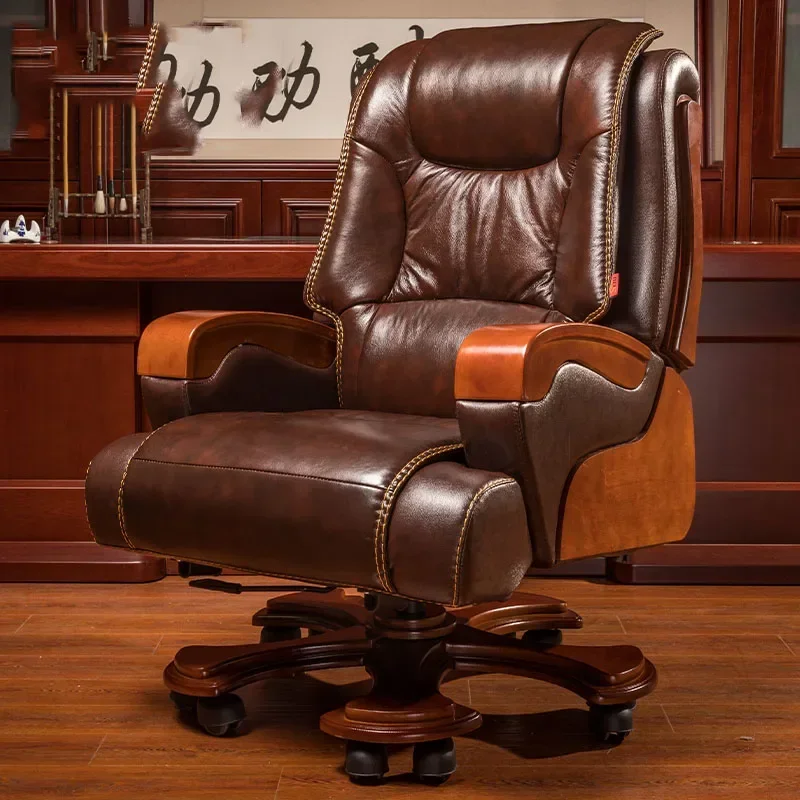 High-End Genuine Leather Executive Office Chair with Massage Reclining Function Ergonomic High Back Swivel Chair Manager Office