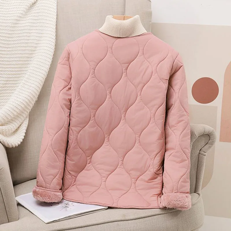 Herbst Winter Liner Fleece Warme Jacke Frauen V-ausschnitt Tasten Lange Ärmel Baumwolle Mantel Frau Solide Ultraleicht Stepp Kurze Parkas