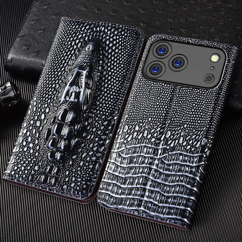 

Retro 3D Crocodile Head Genuine Leather Flip Case For iPhone X XS XR 11 12 13 14 15 16 17 Pro Max Plus Air Phone Cover Cases