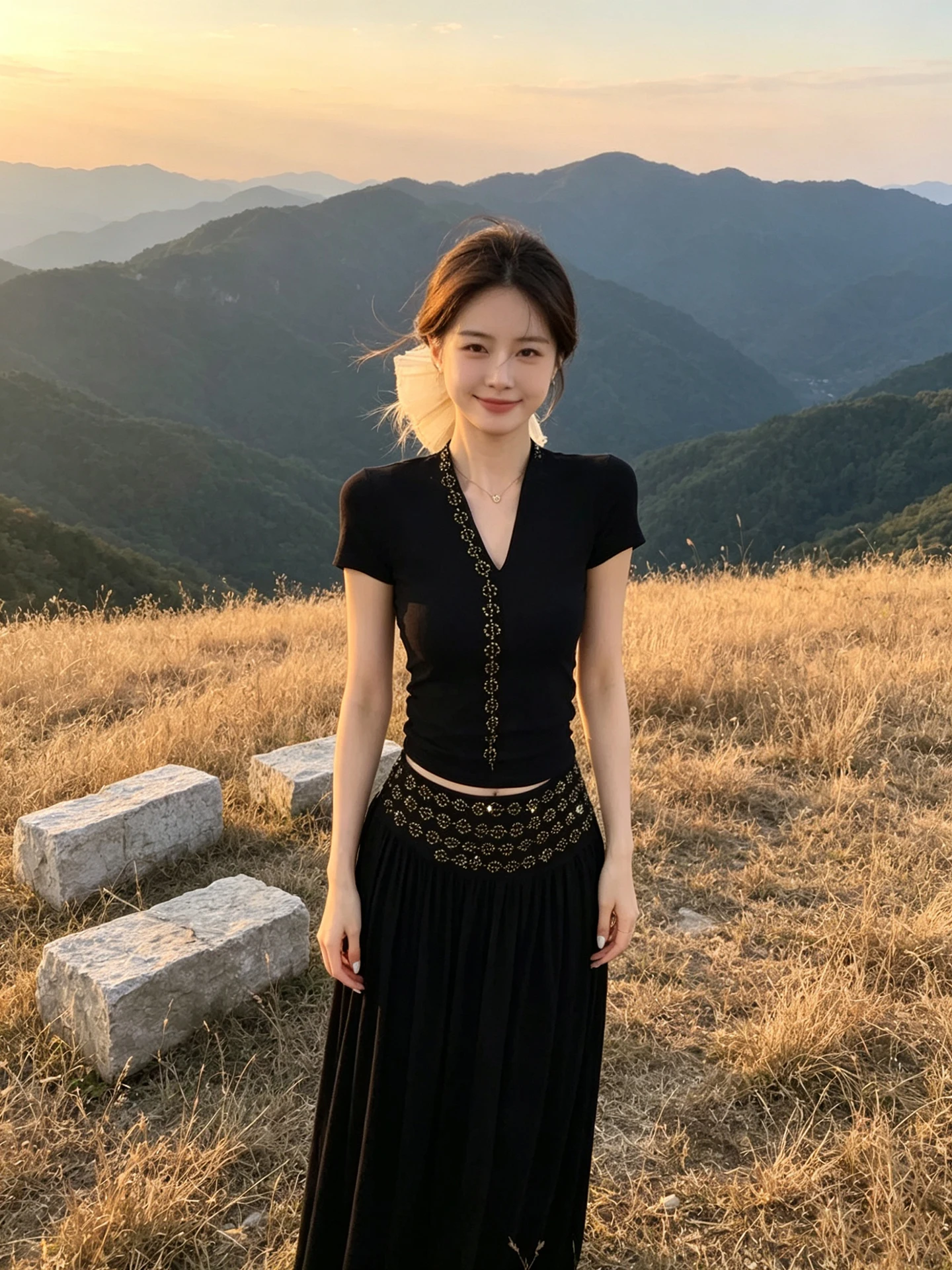 

Summer 2026 Black V-neck Short Sleeve Heavy Embellished Rhinestone Casual Half Skirt Two-piece Set Women's Fashion Ensemble