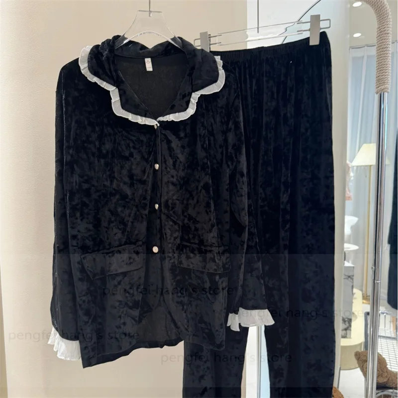 

2025 Autumn Winter Homewear Sleepwear Warm Velour Pajamas Suit Princess Style Loungewear Sexy Lace Trim Pijama Mujer Nightwear