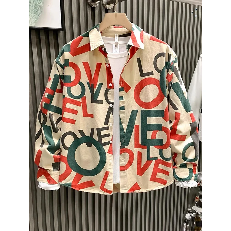 

plus Size 300 Pou Retro American Long Sve irt Men's Sle Letter Print Luxury High-End Feeling Top Spring Autumn
