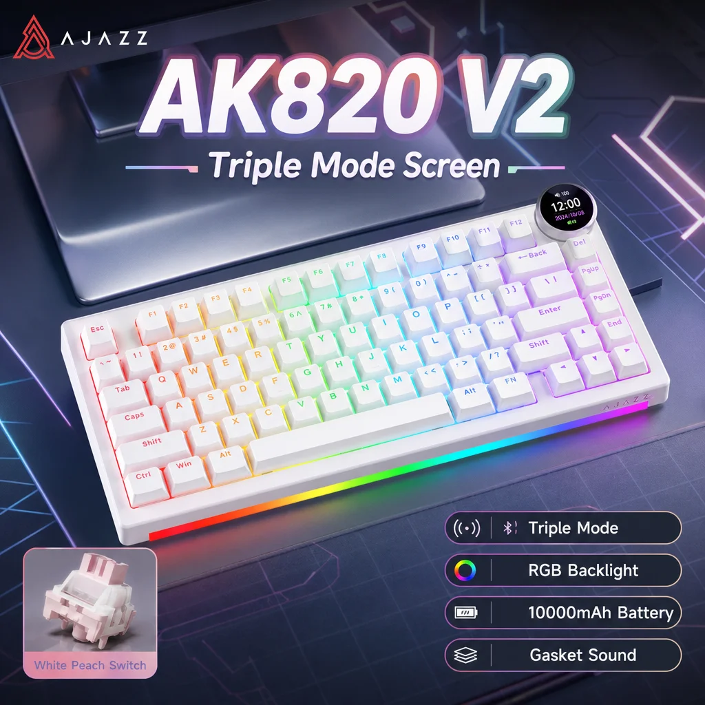 Image of AJAZZ AK820 V2 75% Dreifach-Modus Kabellose Mechanische Tastatur mit Smart-Knob-Display, Gasket Mount 5-Schicht-Dämpfung, Vollständig Hot-Swap-fähig, Dual 1K Polling Rate, RGB-Hintergrundbeleuchtung,