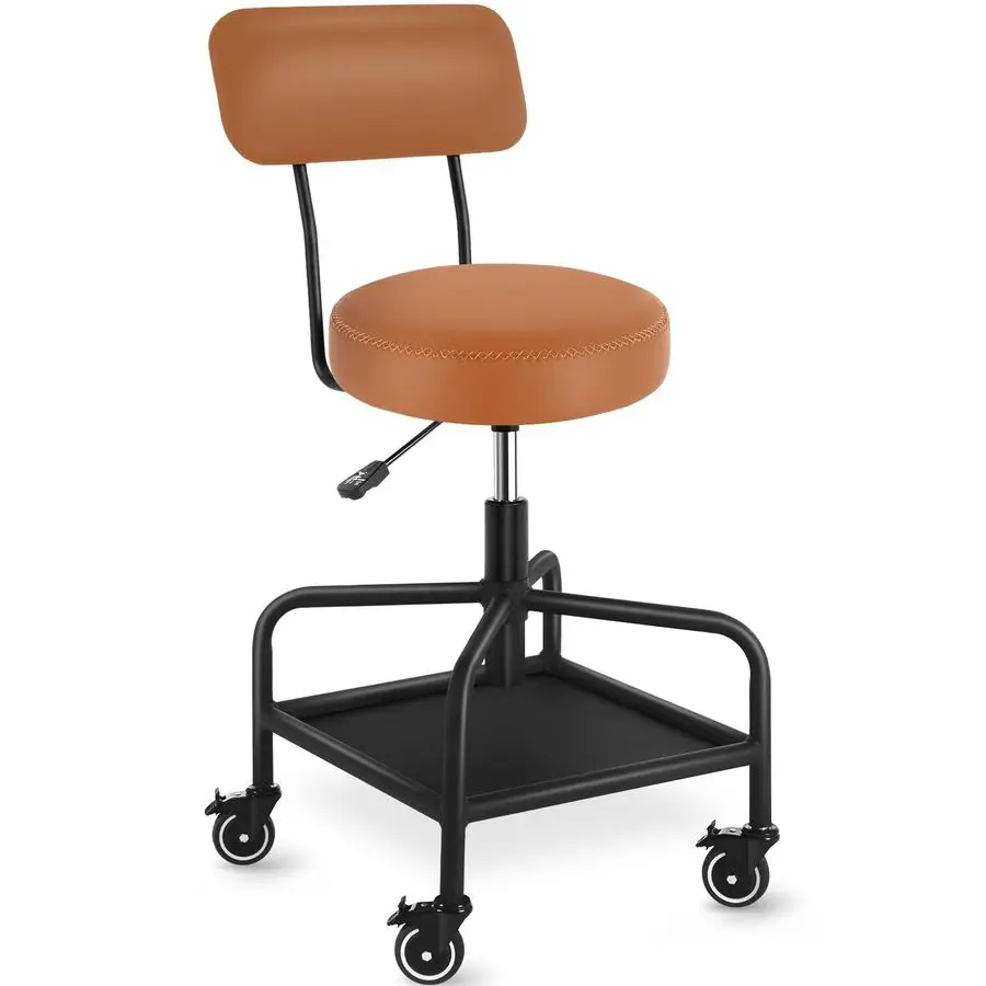 

Stool with Lockable Rubber Wheels Adjustable Backrest Tool Tray Storage 400 lb Capacity Rolling Garage Stool Brown