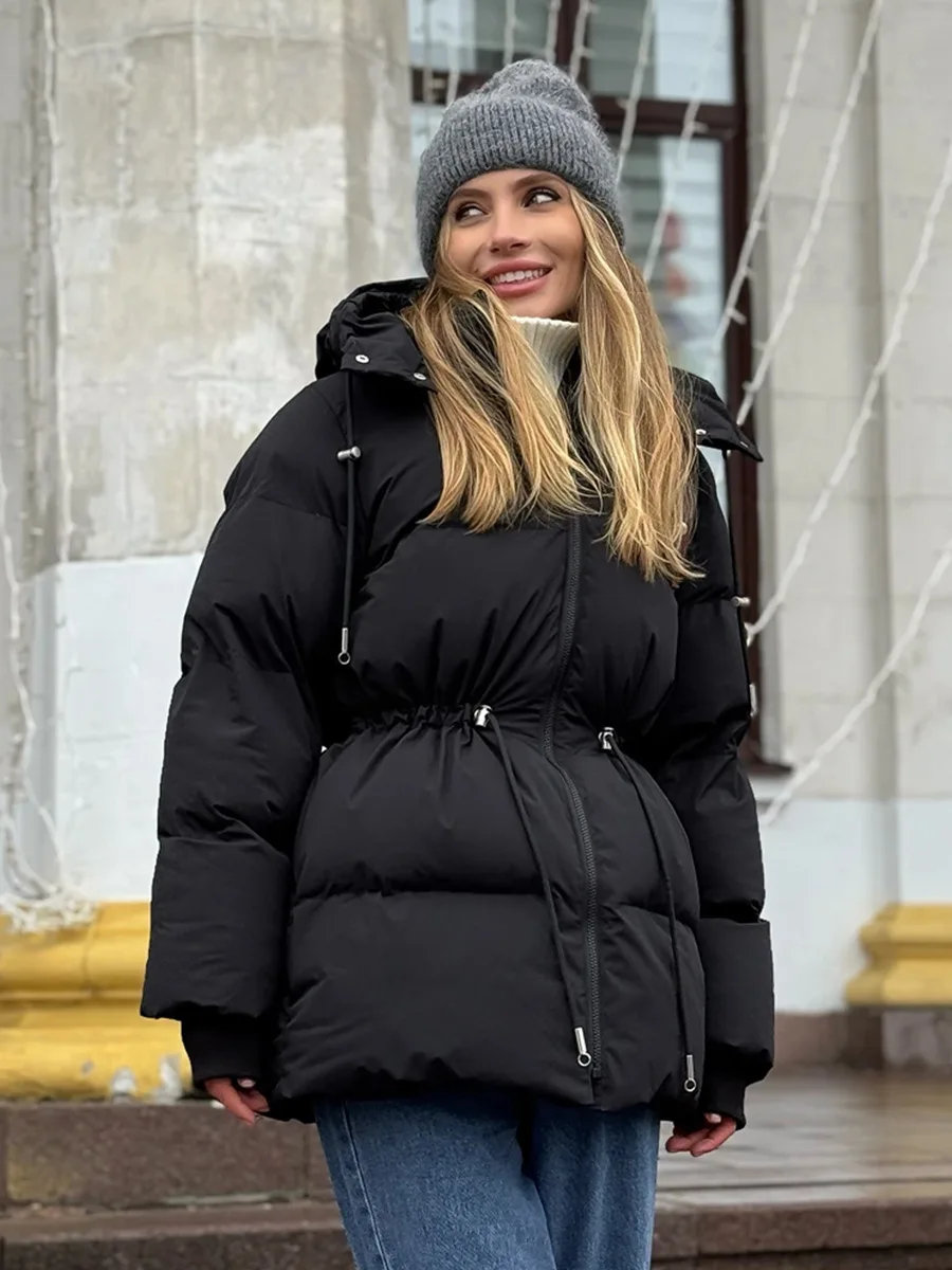 

Winter Warm Hooded Mid Length Down Jacket Women White Duck Down Zipper Parker Cotton Outwears Female Drawstring Thick Jackets