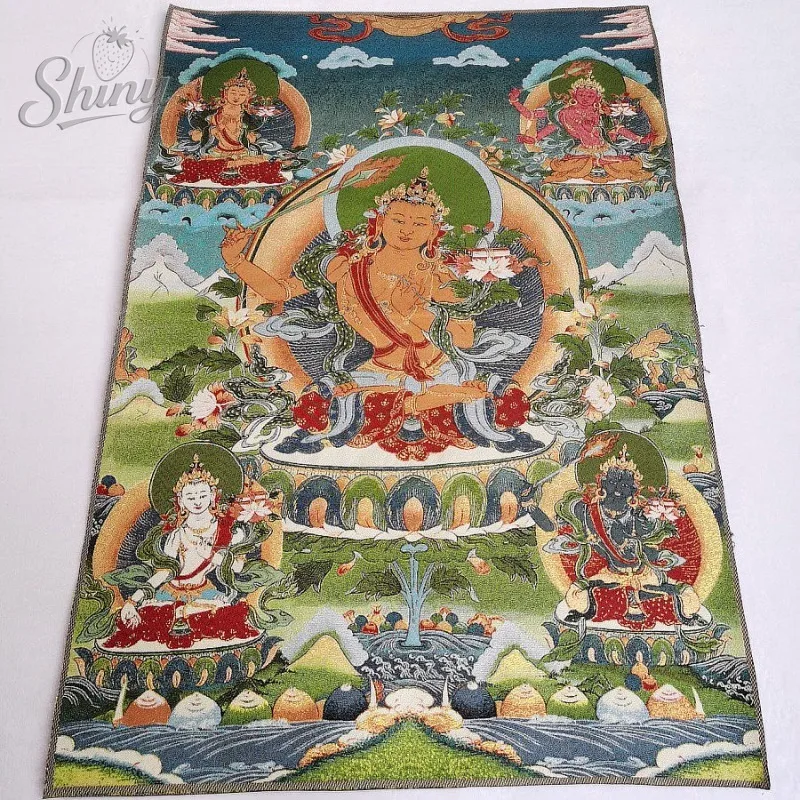 35.4″ Statue of Manjusri Bodhisattva Brocade Tibetan Tangka Embroidery Painting Gold Thread