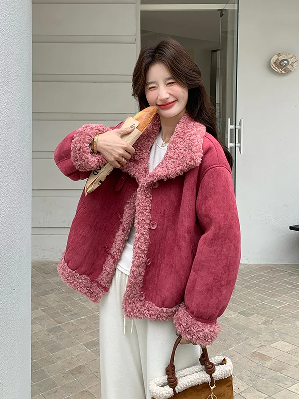 Pink Lamb Fur Jaet Women's ort Sle Warmth Inteated Leather And Fur Autumn And Winter New Faion Anti-Aging Outerwear