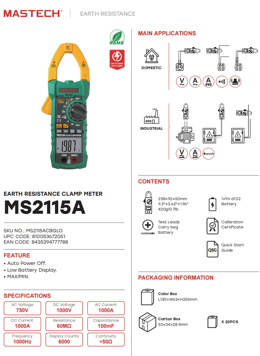 Imagem -06 - Mastech-digital Clamp Meter Multímetro Corrente ac True Rms Amperímetro Tensão Ncv Ohm Tester Ms2115a dc 1000a